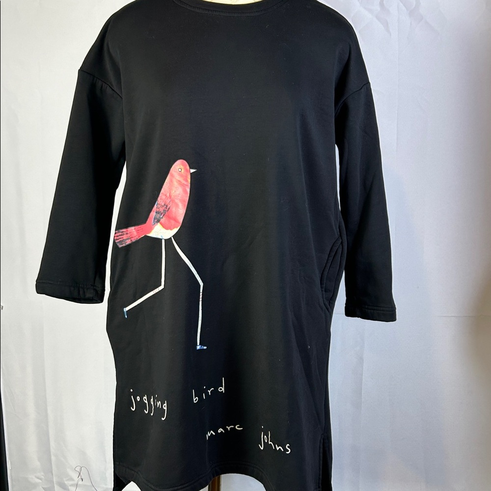 Rare Kuku Marc Johns Jogging Bird Black sweatshirt dress Red Bird Design pocket